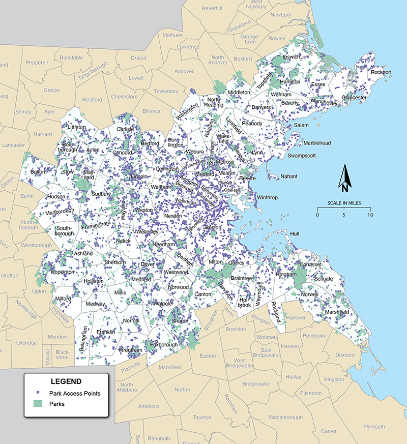 Figure 28 shows the locations of parks in the Boston region and the access points to the parks used to analyze access to these destinations.